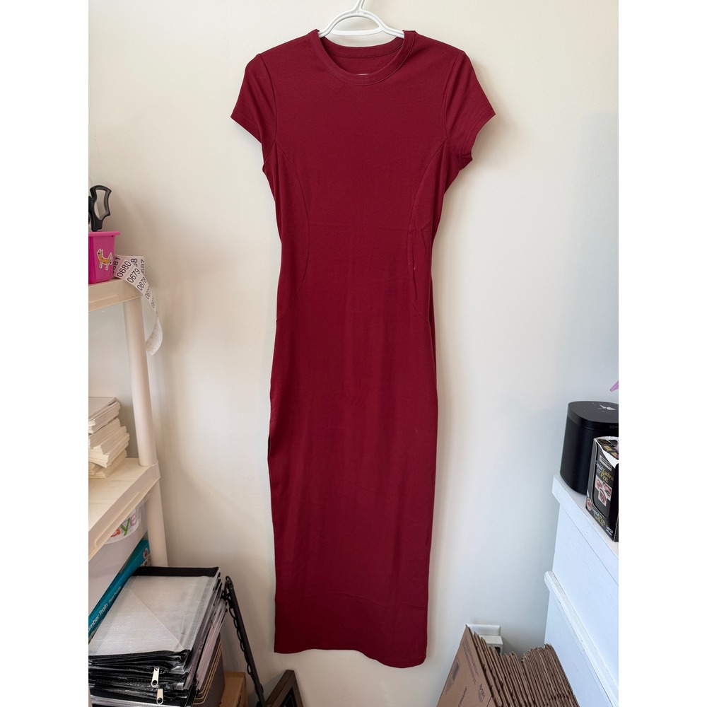 Product Garment Burgundy Short Sleeve Bodycon Maxi Dress Small Side Slit Red